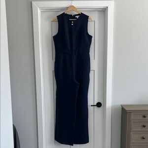 New York & Company Navy Sleeveless Wide-Leg Jumpsuit with Gold Buttons - 222
